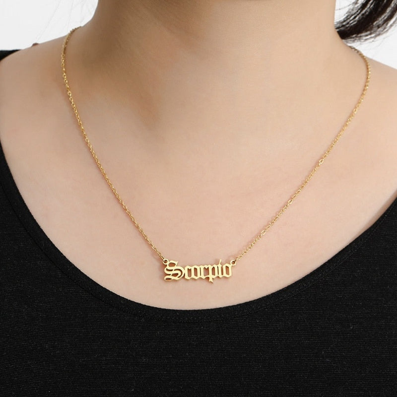 Zodiac Letter Pendant Necklace – Stainless Steel Chain with Symbolic Charm