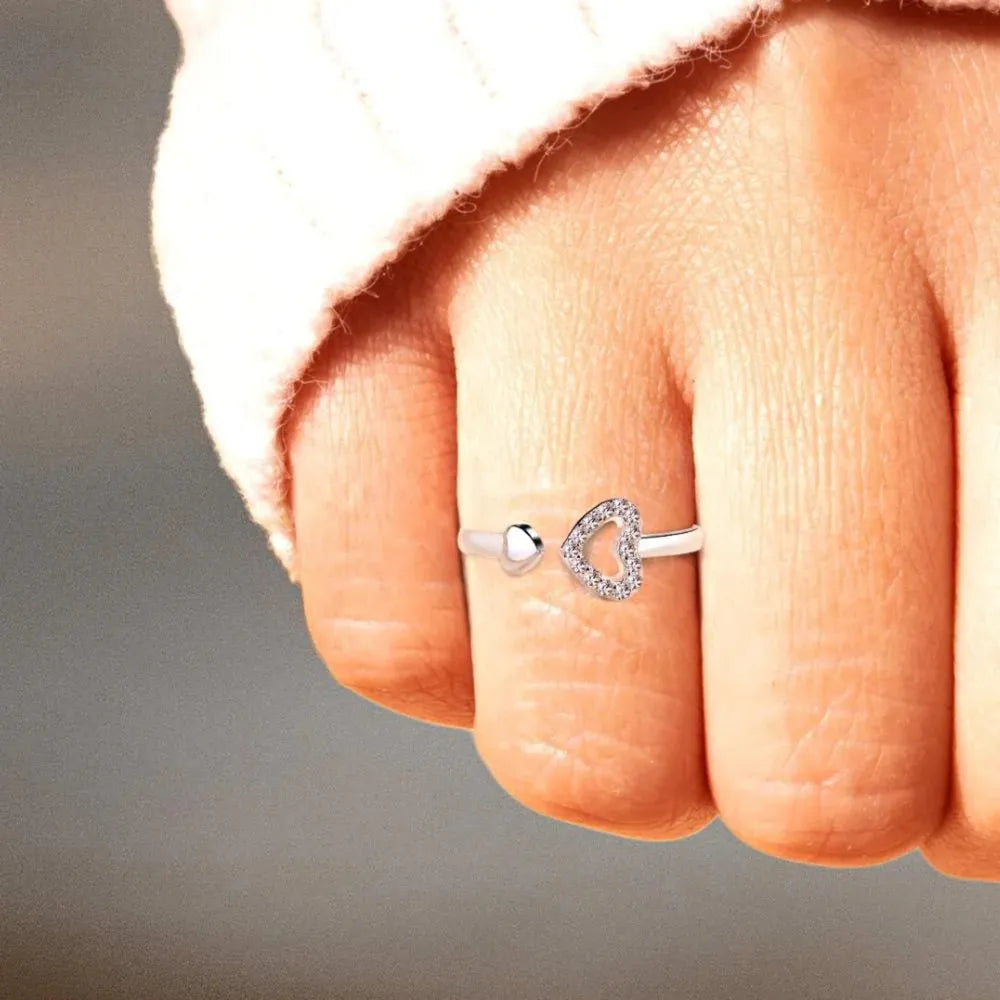 925 Sterling Silver Heart Open Ring – Adjustable with Inlaid Zircon Sparkle