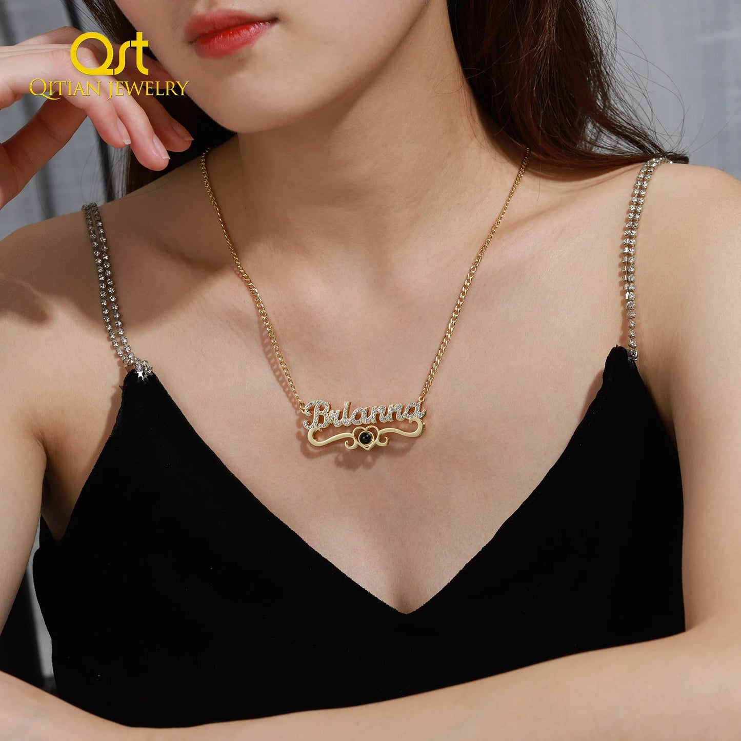 Custom Name Projection Photo Necklace Gold Diamond Cuban Chain for Women