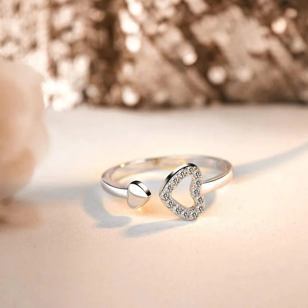 925 Sterling Silver Heart Open Ring – Adjustable with Inlaid Zircon Sparkle