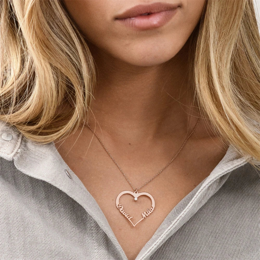 Personalized 2 Names on Heart Pendant Necklace