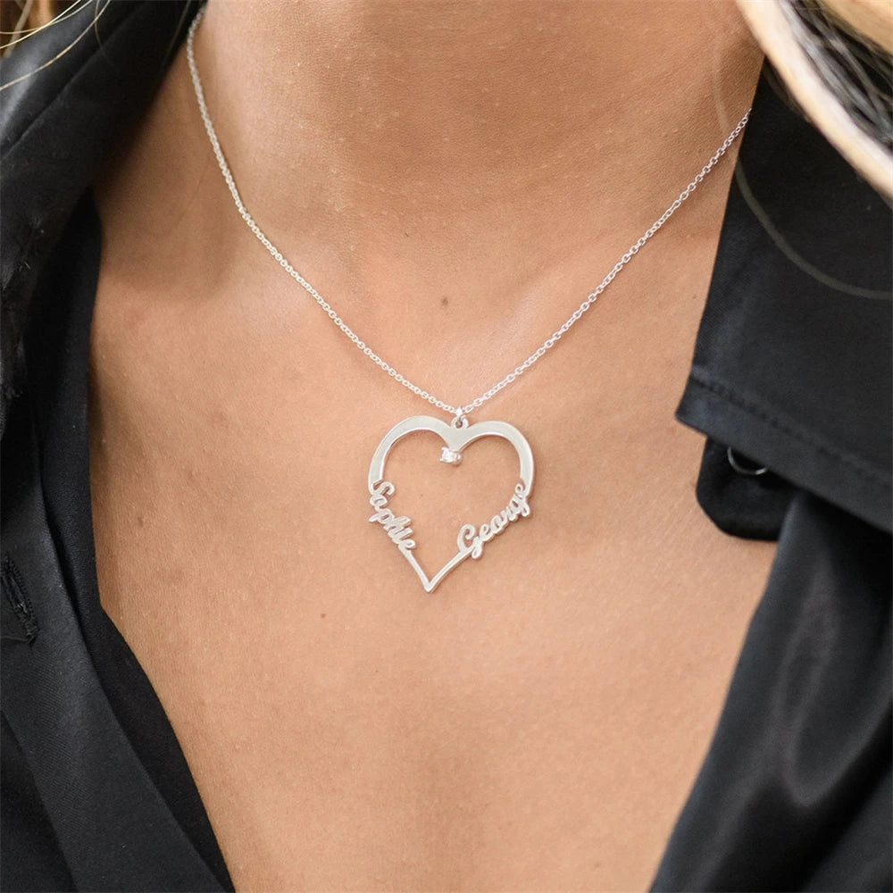 Personalized 2 Names on Heart Pendant Necklace
