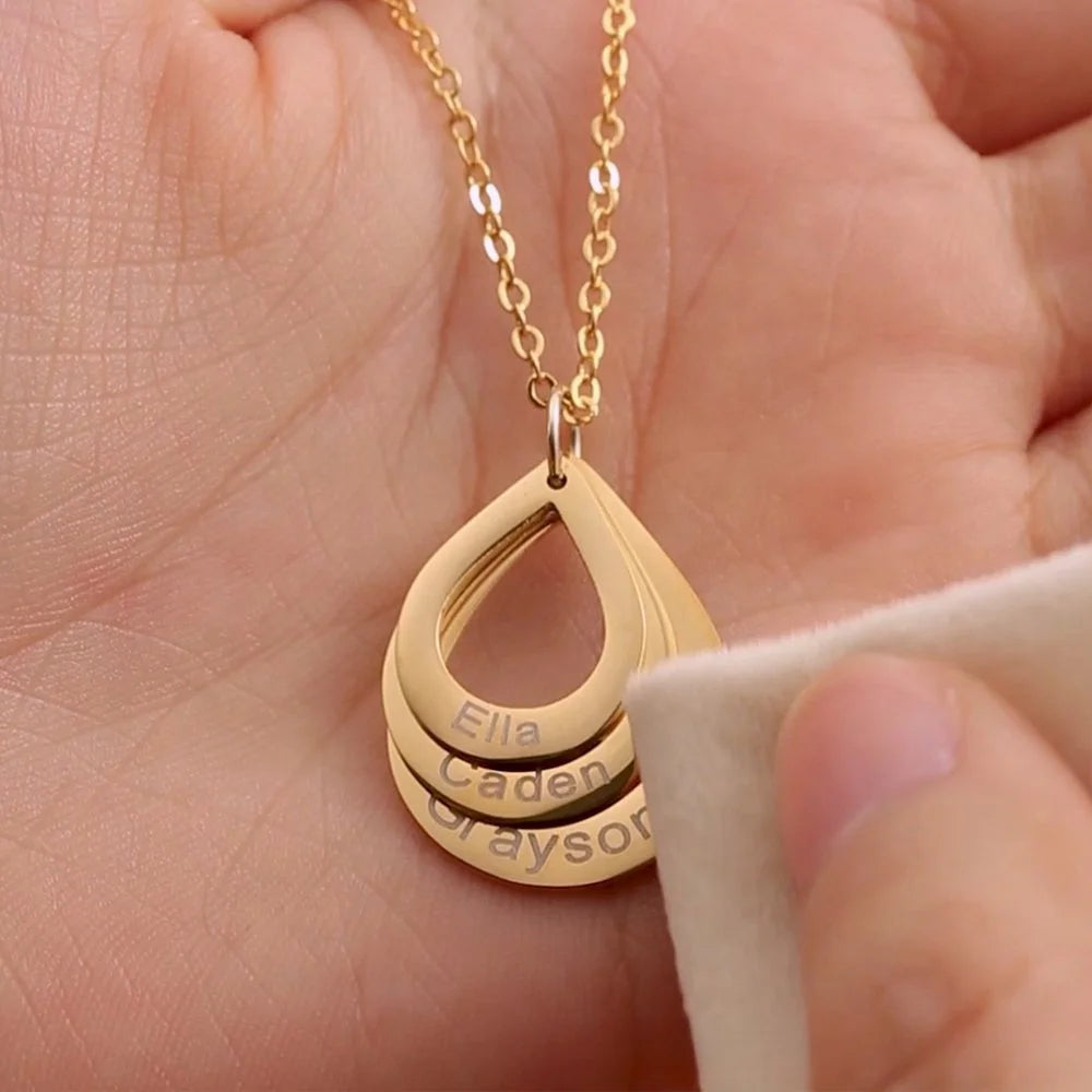 Water Drop Pendant Personalized Engrave 4 Names