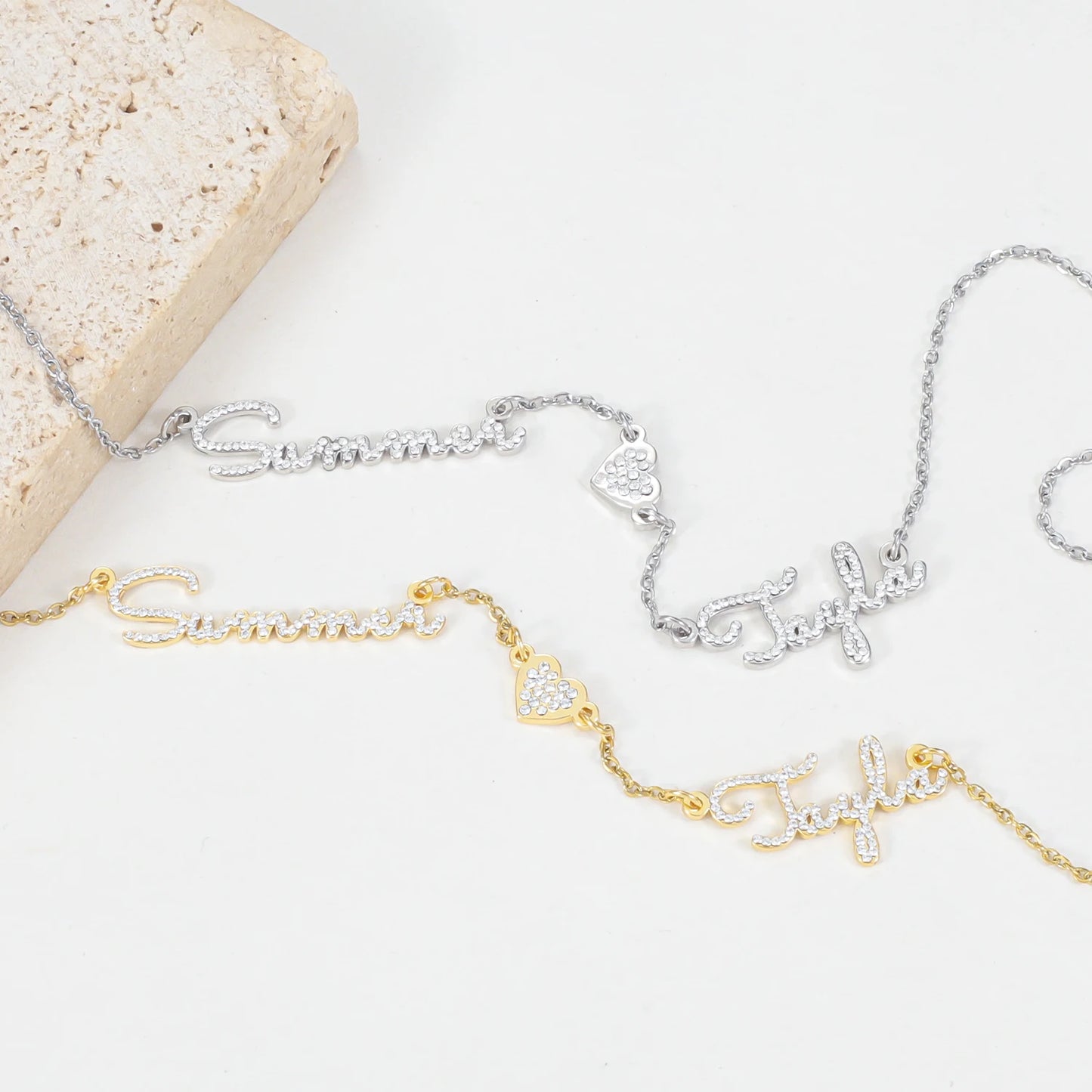 Custom Names Necklace Personalized CZ Stone Gold Stainless Steel
