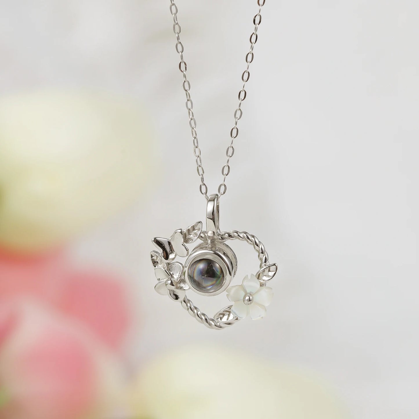 925 Silver Heart Projection Necklace Custom Photo Flower Pendant for Women
