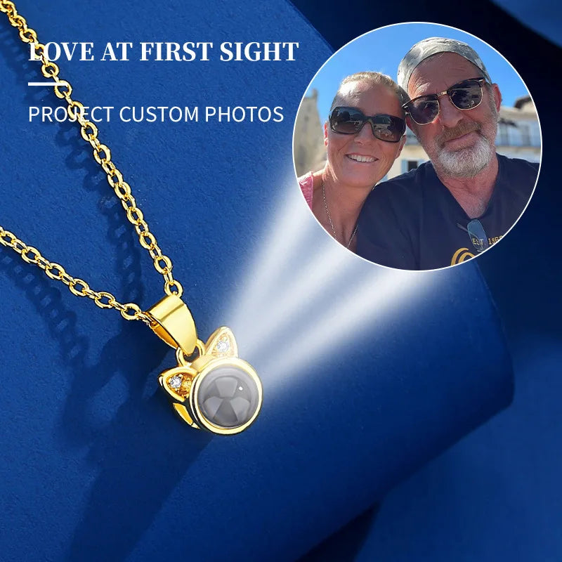 Custom Photo Projection Necklace Cat Zircon Ear Pendant