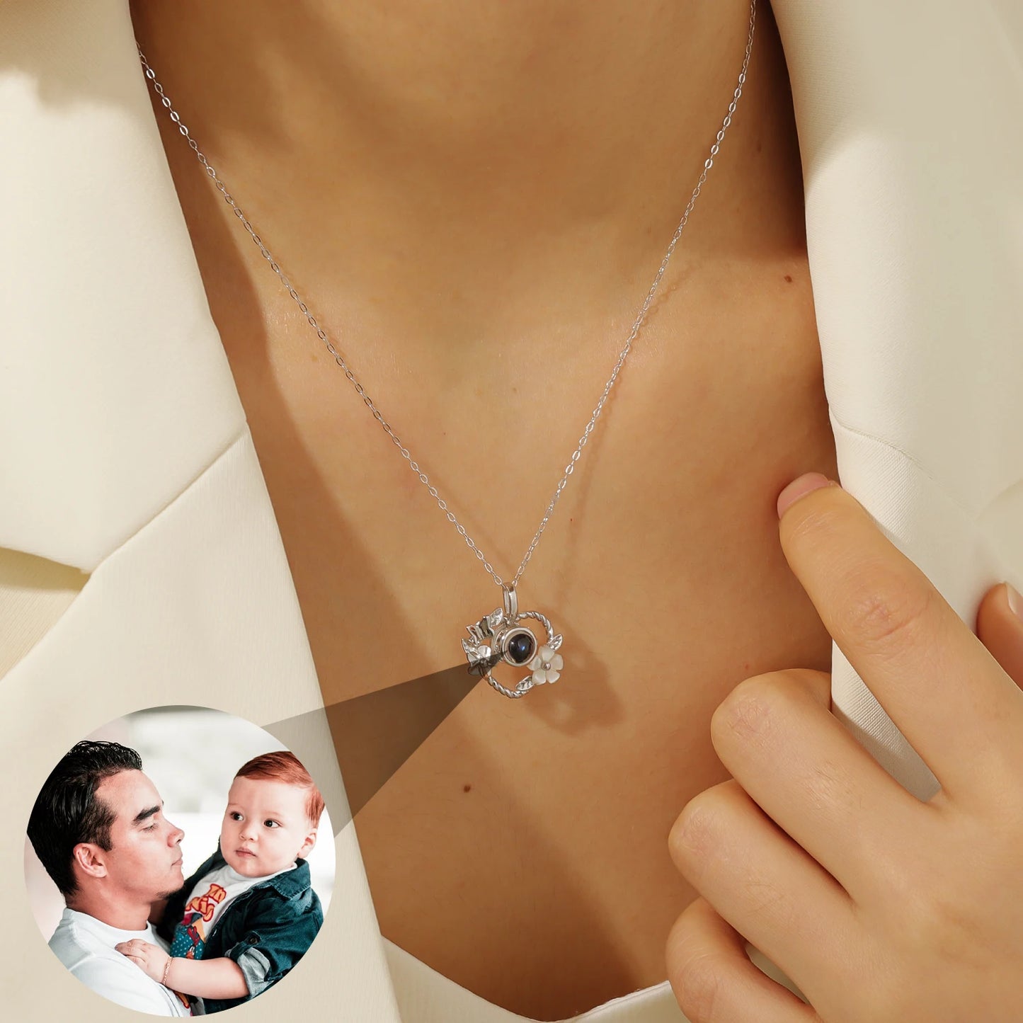 925 Silver Heart Projection Necklace Custom Photo Flower Pendant for Women