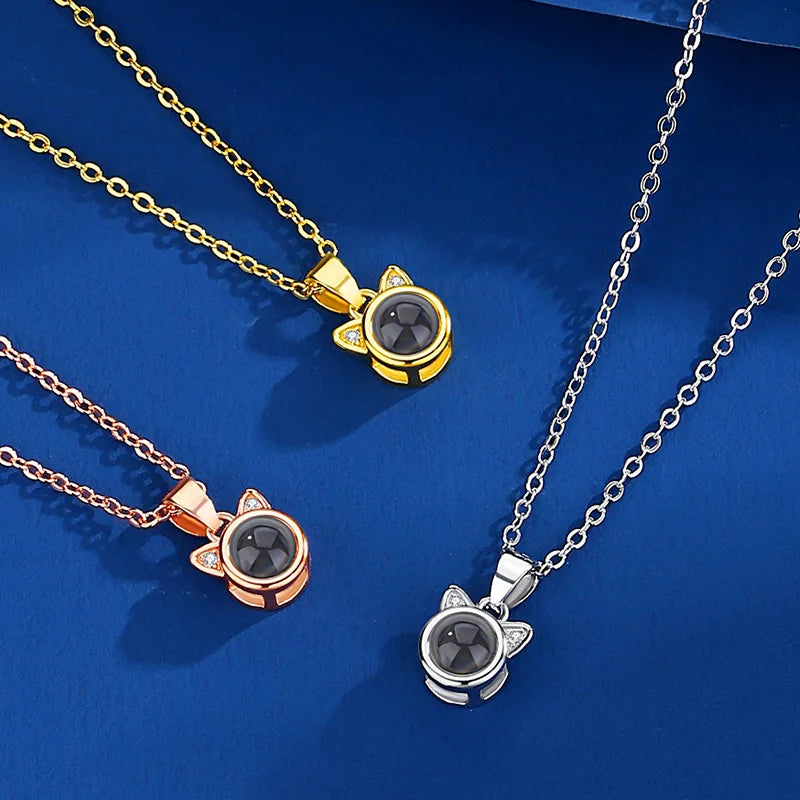 Custom Photo Projection Necklace Cat Zircon Ear Pendant