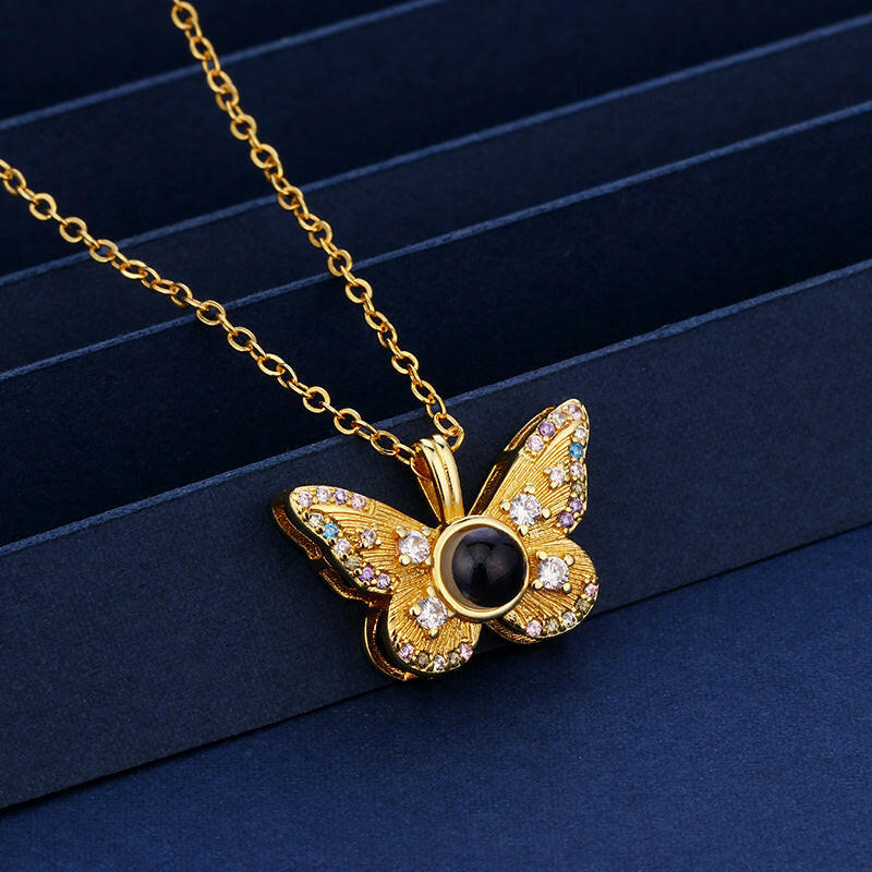 Colorful Butterfly Projection Pendant with Diamonds & Photo.