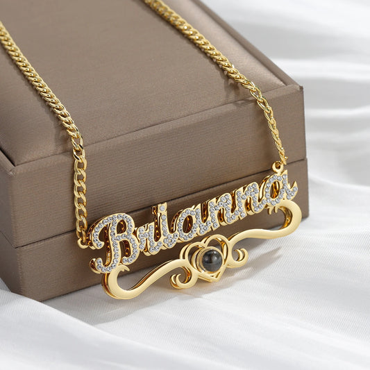Custom Name Projection Photo Necklace Gold Diamond Cuban Chain for Women