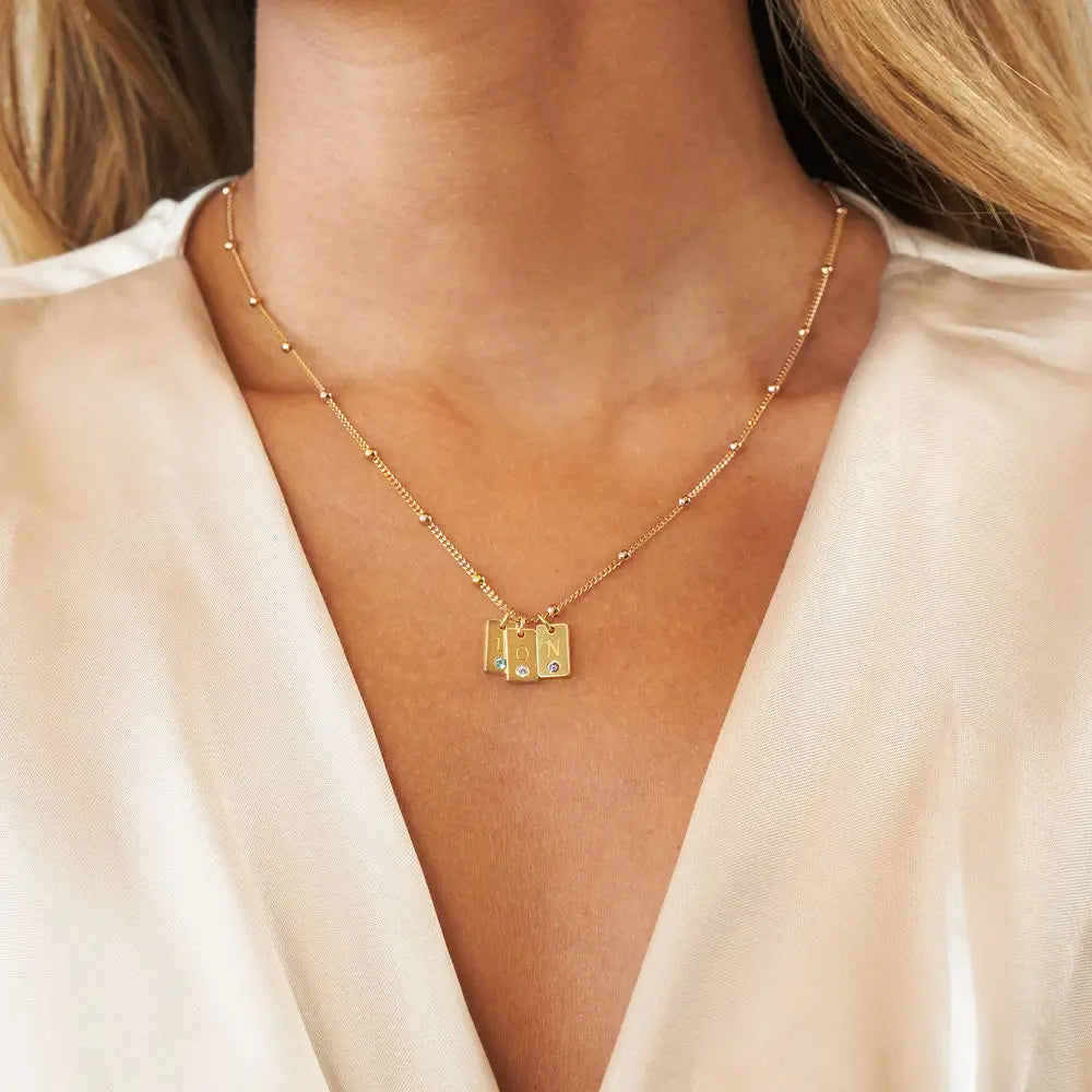 Initial Birthstone Tag Necklace Tiny Name Tag