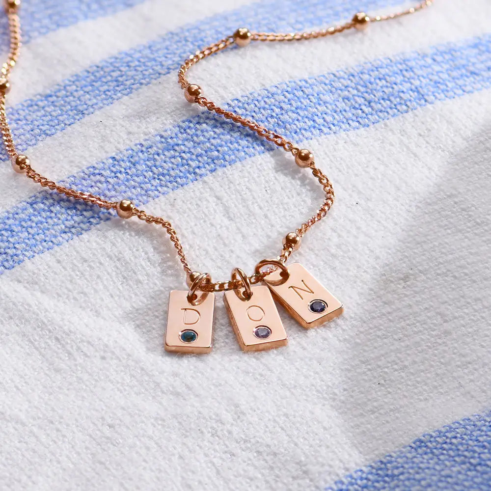 Initial Birthstone Tag Necklace Tiny Name Tag