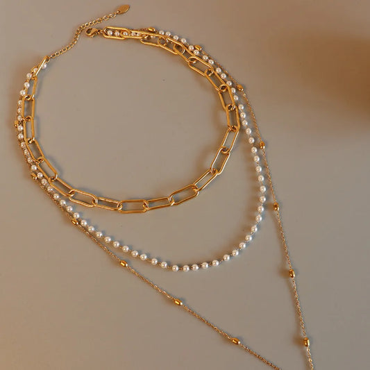 Elegant Three-Layer Synthetic Pearl Necklace – Gold-Plated Titanium Steel