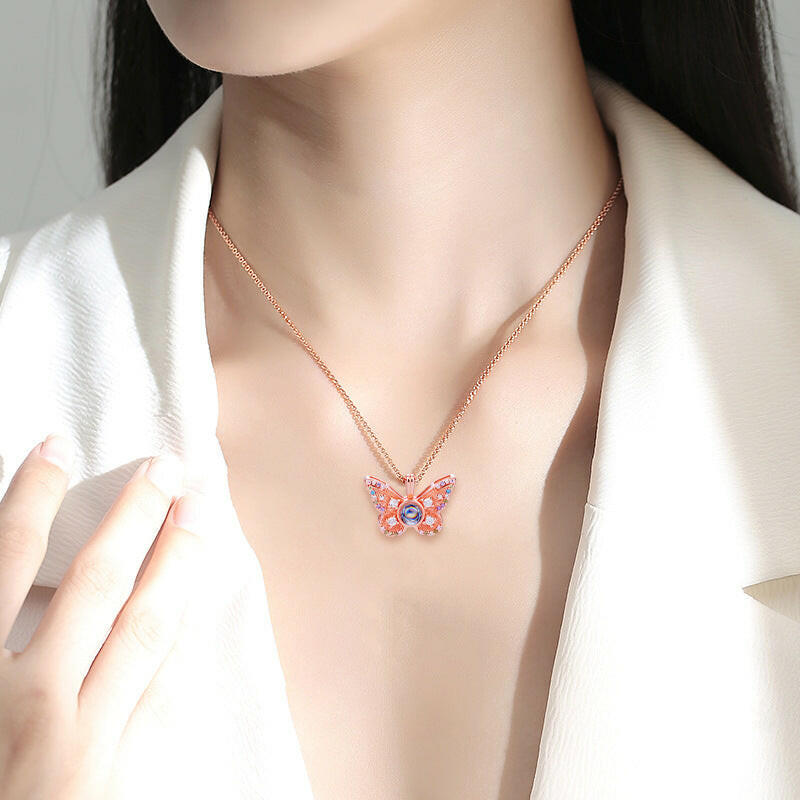 Colorful Butterfly Projection Pendant with Diamonds & Photo.