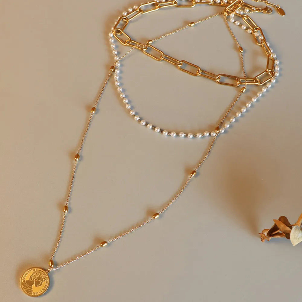 Elegant Three-Layer Synthetic Pearl Necklace – Gold-Plated Titanium Steel