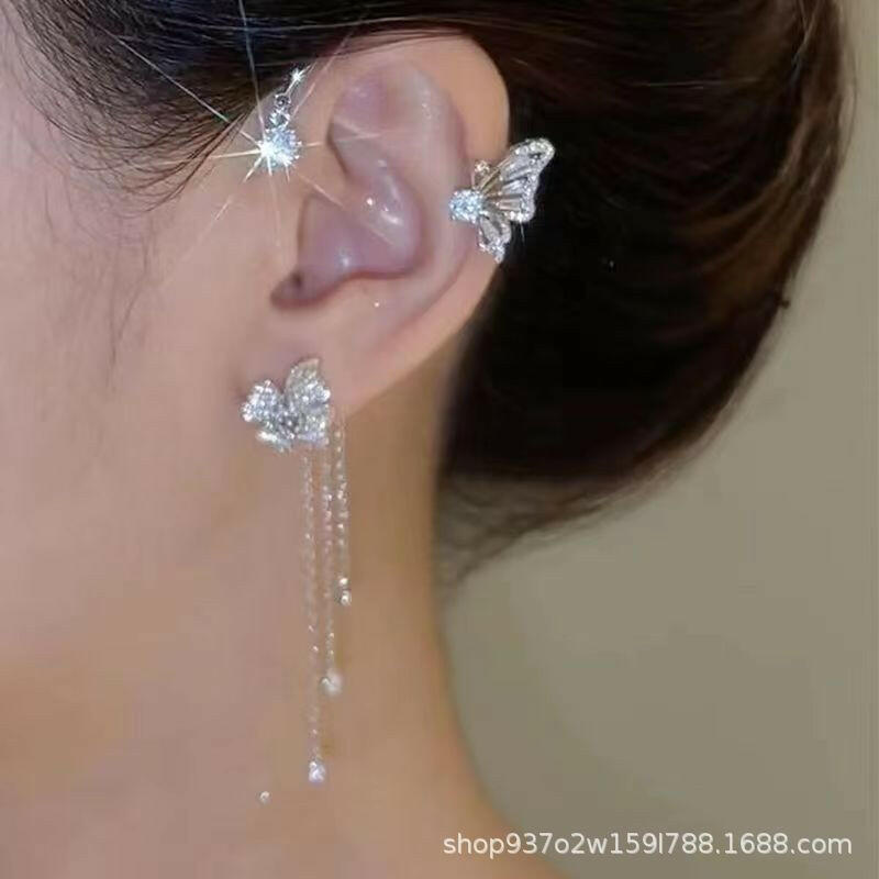 Zirconia Butterfly Tassel Ear Clip.