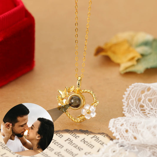 925 Silver Heart Projection Necklace Custom Photo Flower Pendant for Women