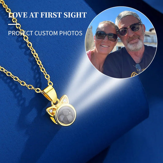 Custom Photo Projection Necklace Cat Zircon Ear Pendant