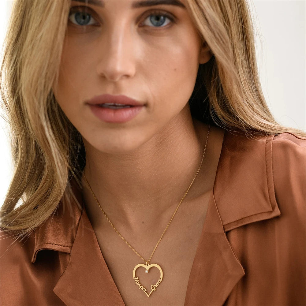 Personalized 2 Names on Heart Pendant Necklace