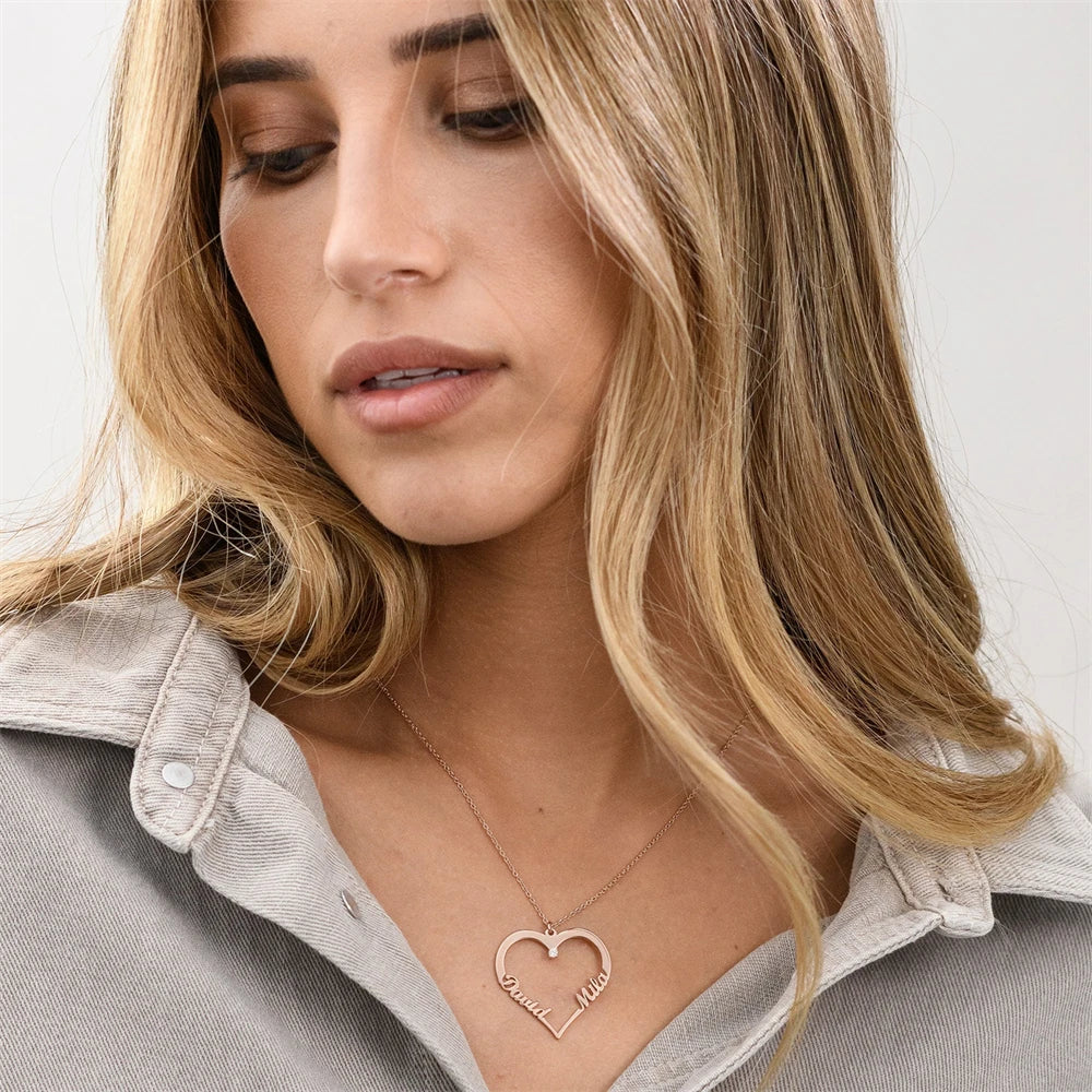 Personalized 2 Names on Heart Pendant Necklace